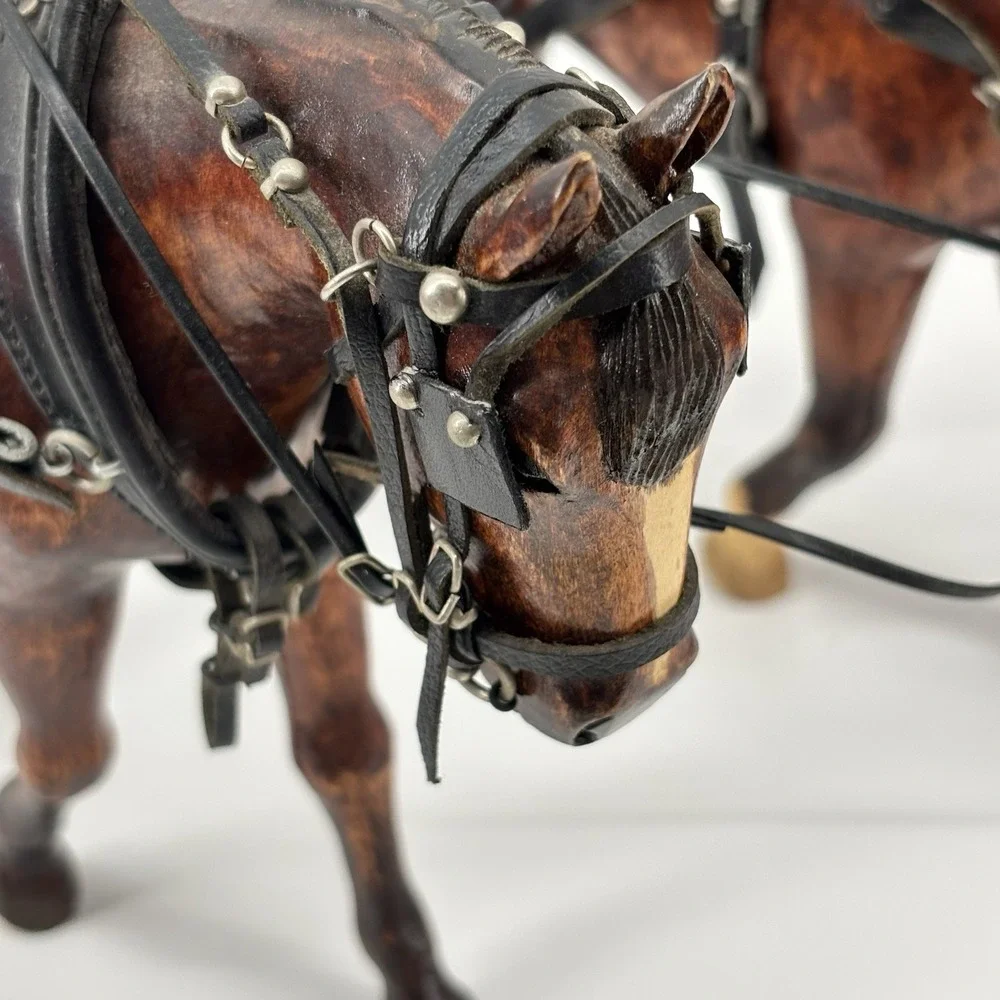 Rare Vintage Wooden Horses  With Tooled‎ Leather Bridle Reins Draft Team